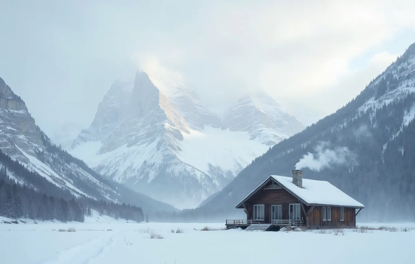 Photo wallpaper winter, forest, snow, mountains, nature, house, house, hut