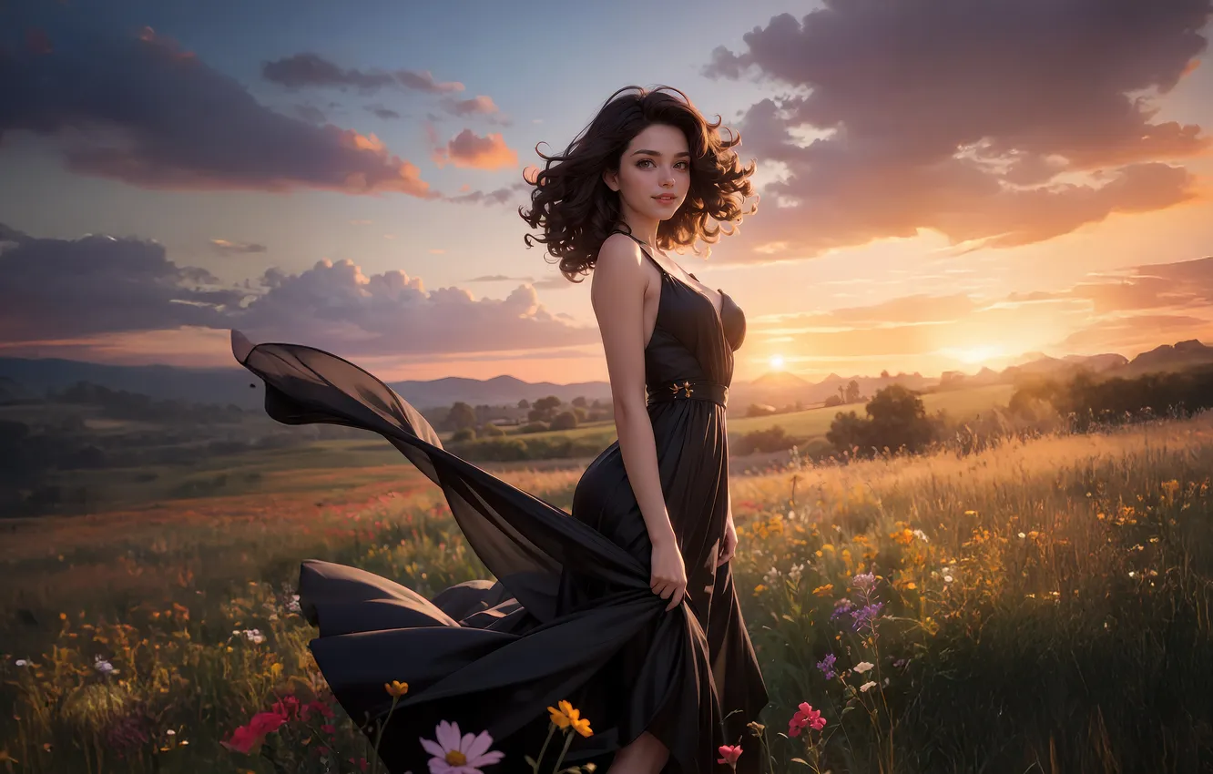 Photo wallpaper field, clouds, sunset, flowers, smile, horizon, meadow, black dress