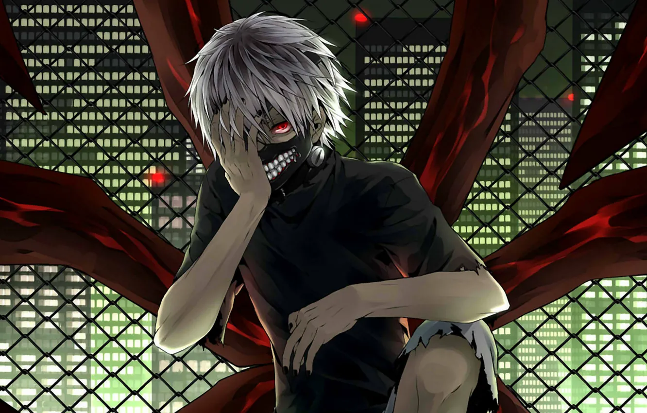 Photo wallpaper mesh, mask, guy, anime, art, red eye, Tokyo Ghoul, Ken Kanek