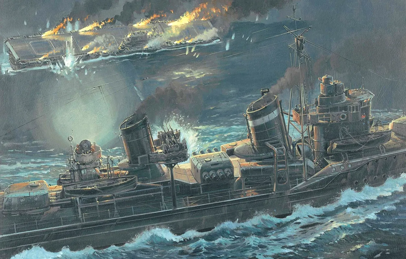 Photo wallpaper figure, art, American, WW2, sinking, the aircraft carrier "hornet", 26 Oct 1942, destroyer of the …