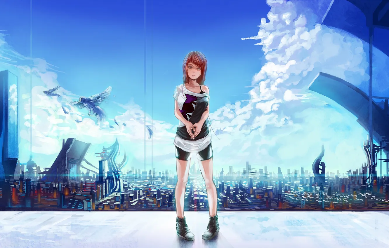 Photo wallpaper the sky, girl, clouds, the city, bird, art, sheng