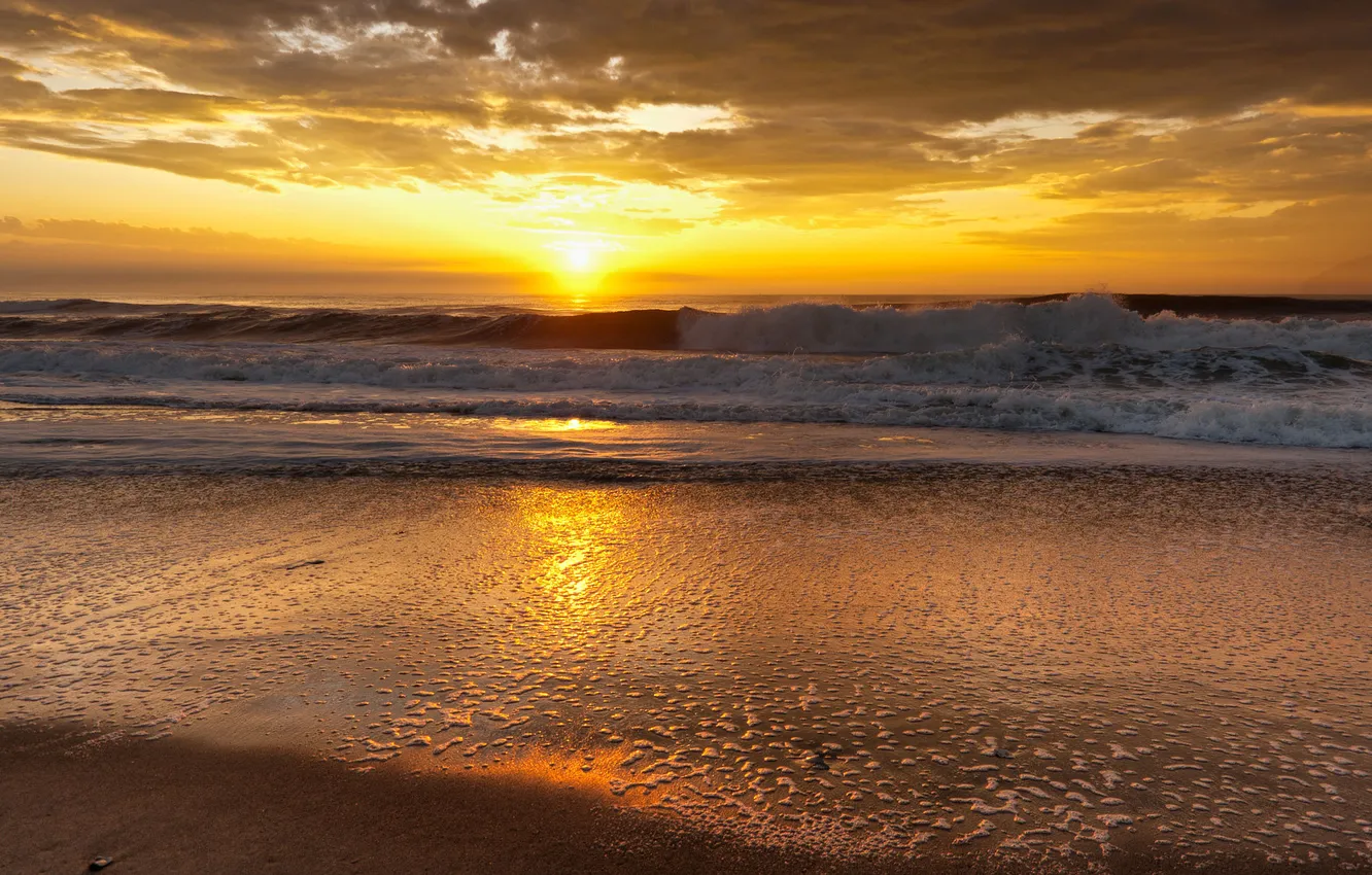 Photo wallpaper sand, sea, wave, beach, the sky, foam, water, the sun