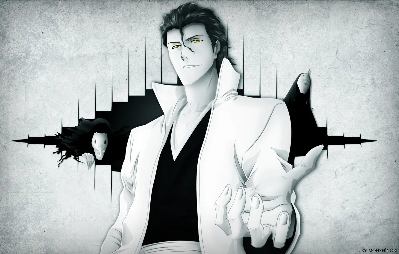 Photo wallpaper look, smile, guy, cloak, Bleach, Bleach, empty, Aizen Nipple