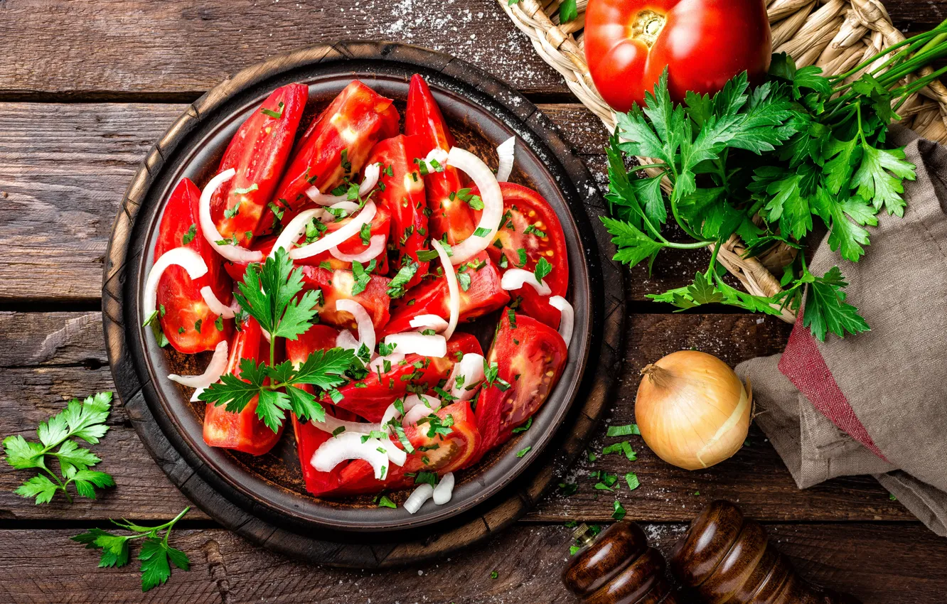 Photo wallpaper food, bow, tomatoes, parsley, salad, spices, appetizer