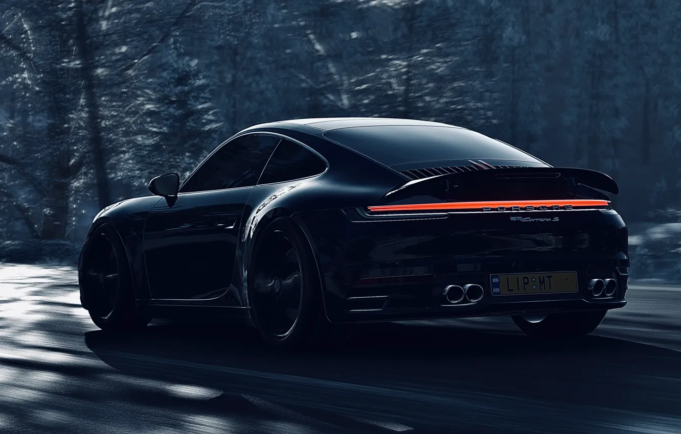 Photo wallpaper HDR, 911, Porsche, game, wood, winter, snow, Carrera S