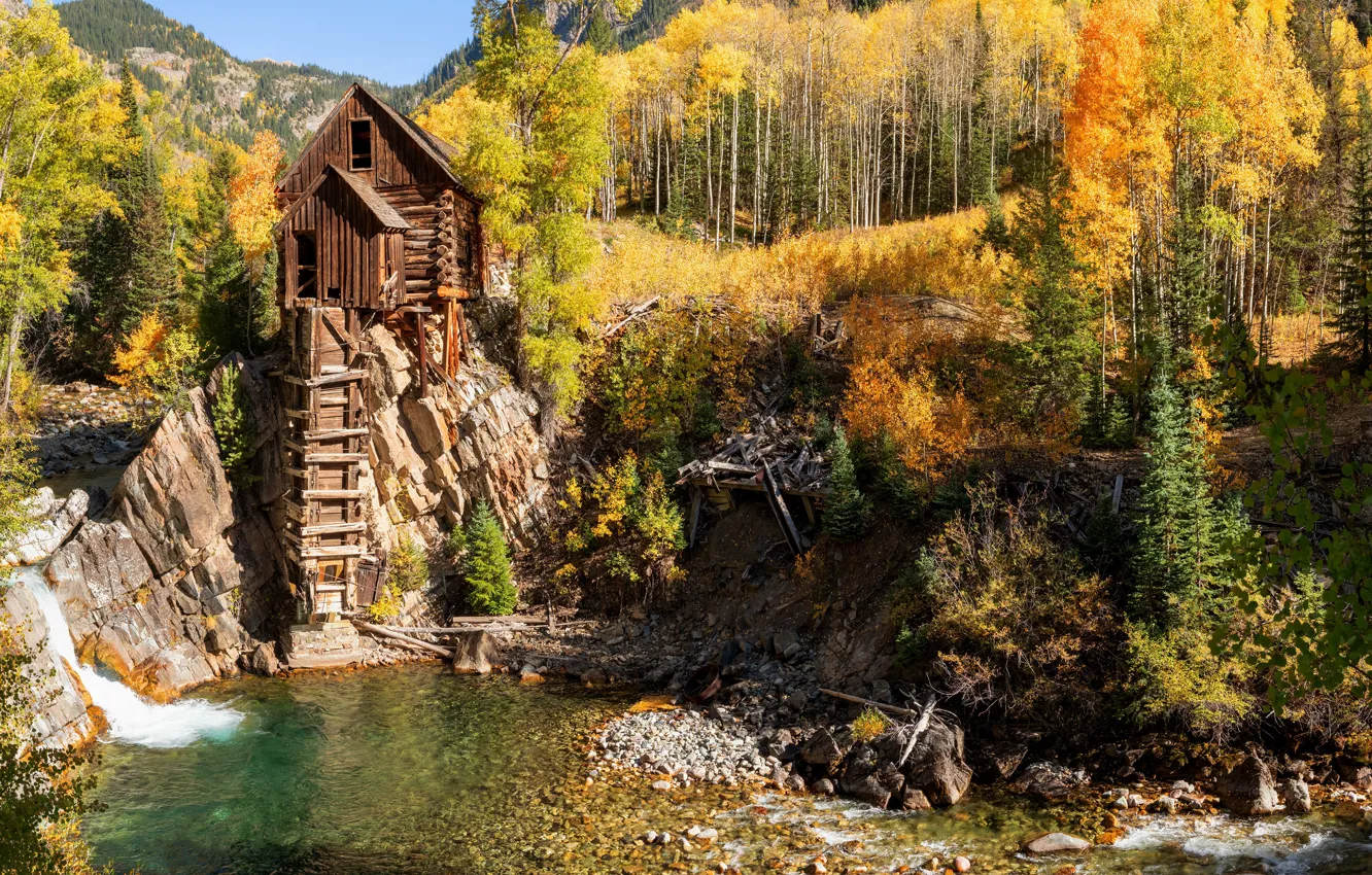 Photo wallpaper autumn, forest, light, trees, mountains, stones, rocks, shore