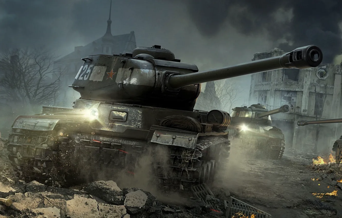 Photo wallpaper tank, USSR, heavy, IS-2 in the night city