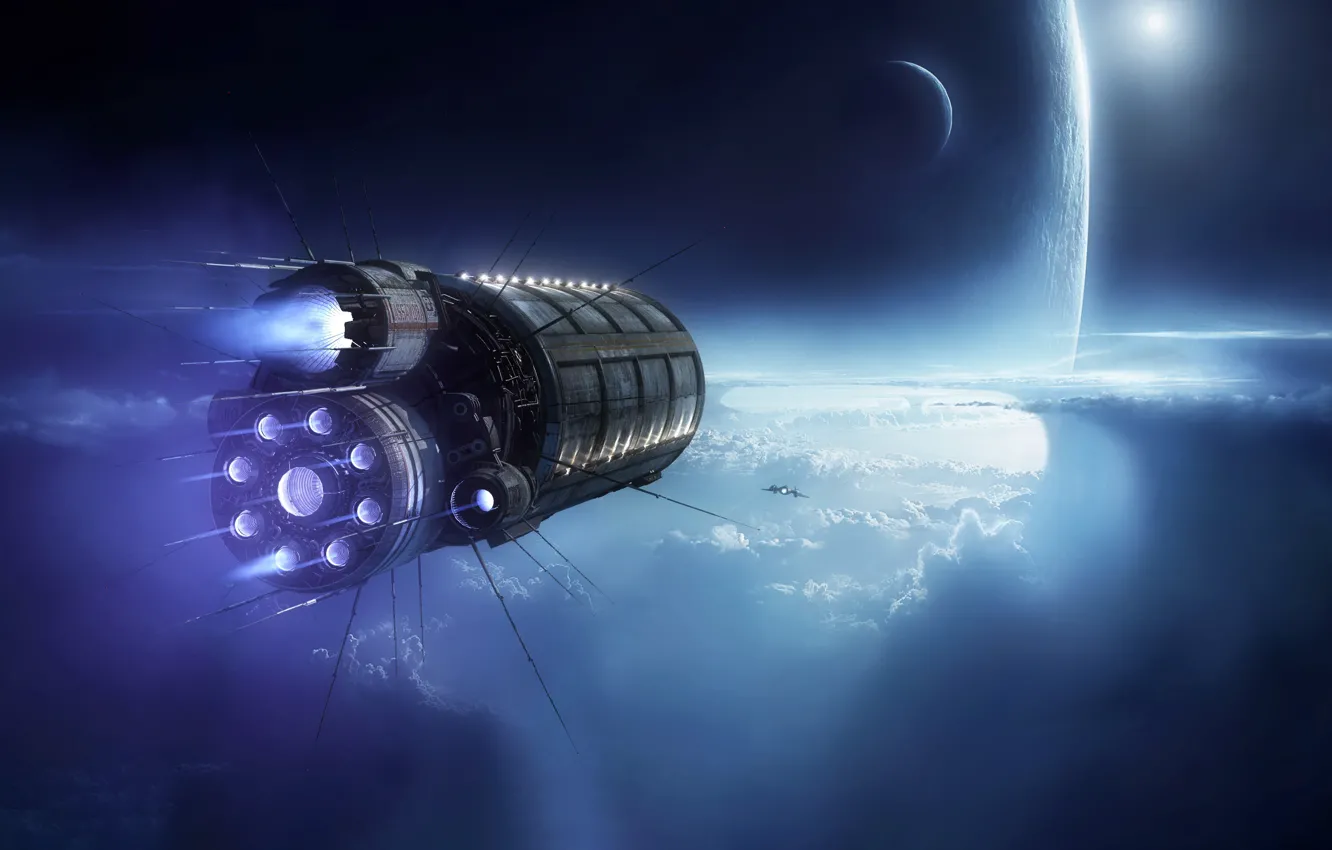 Photo wallpaper space, clouds, fiction, transport, ship, planet, satellite, art