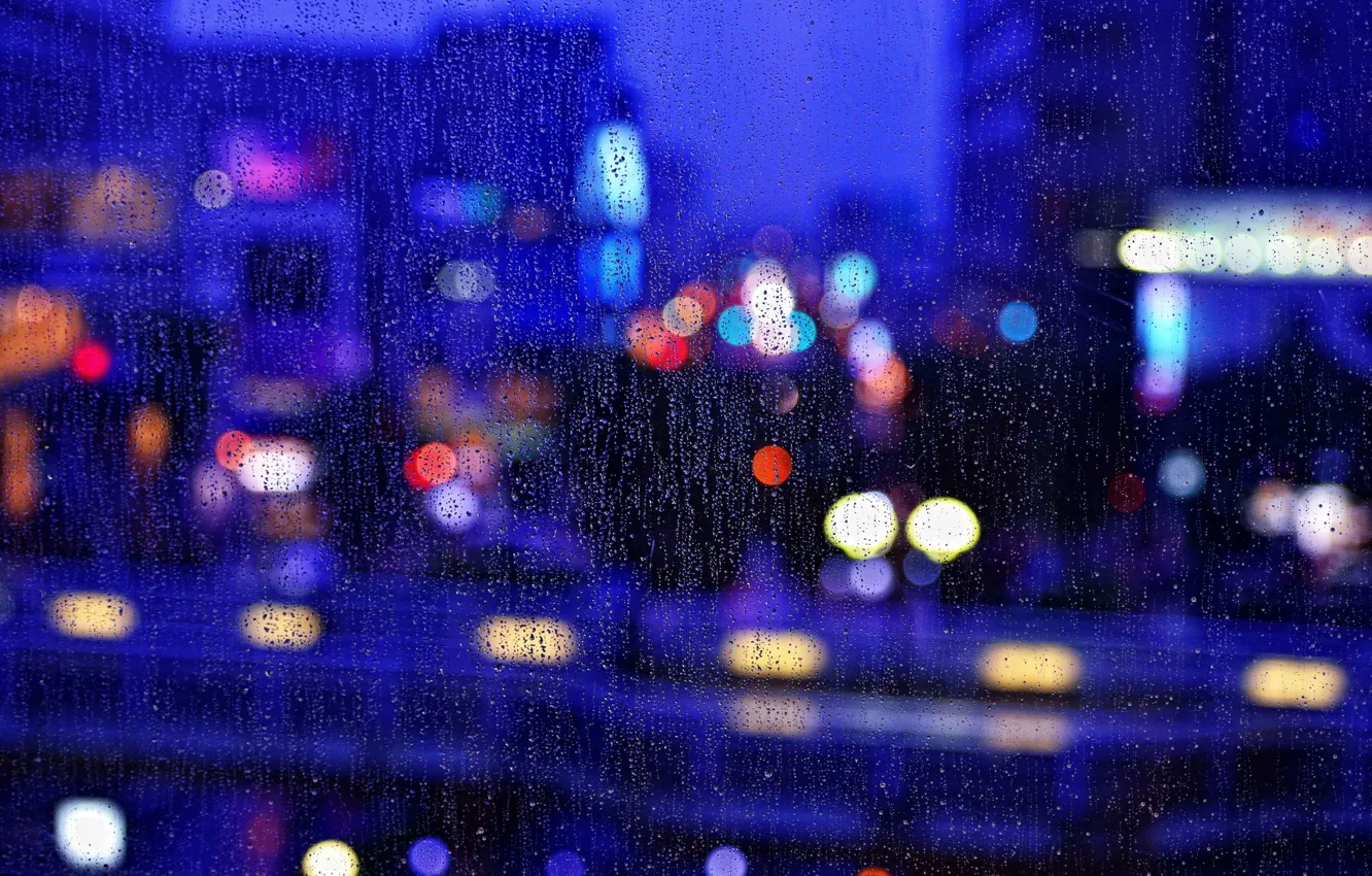 Photo wallpaper macro, night, the city, rain, window