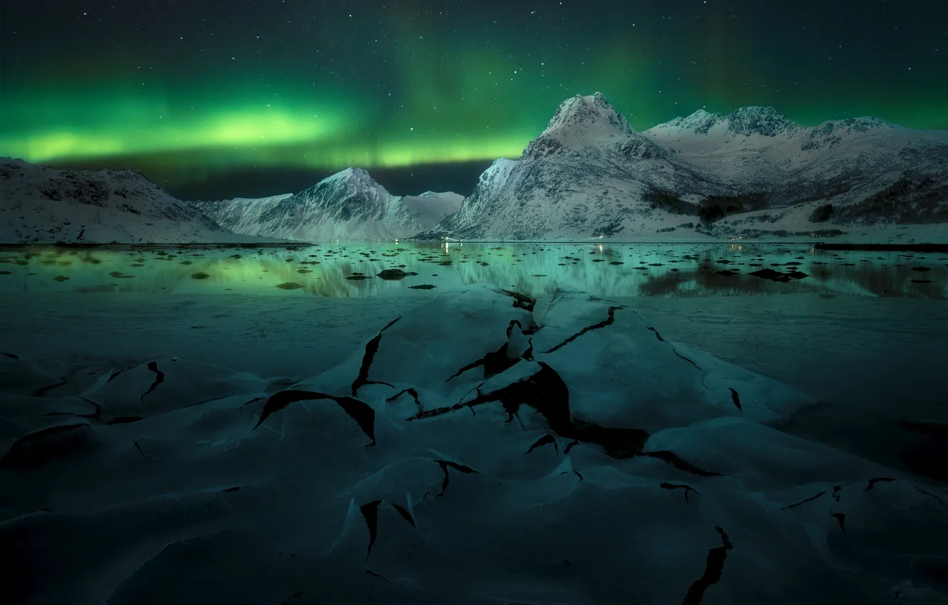 Photo wallpaper ice, snow, mountains, night, Northern lights, space, Moravek Martin, Northen Lights