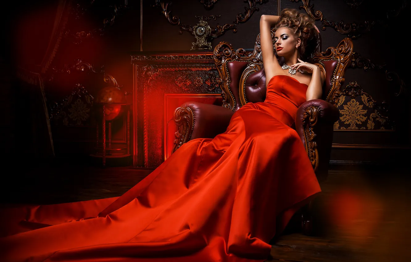 Photo wallpaper girl, style, interior, necklace, makeup, dress, hairstyle, brown hair