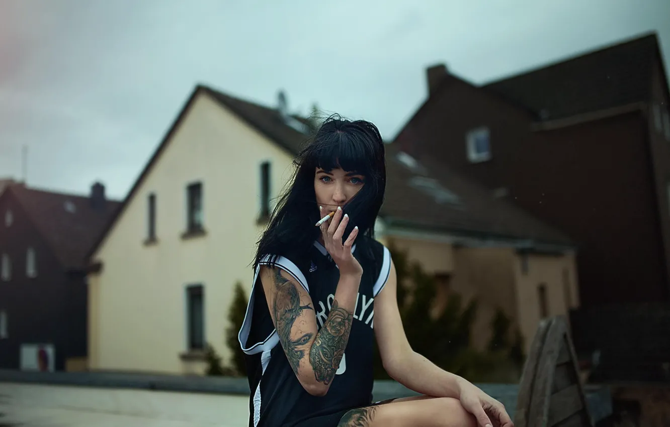 Photo wallpaper street, tattoo, cigarette, dark-haired girl