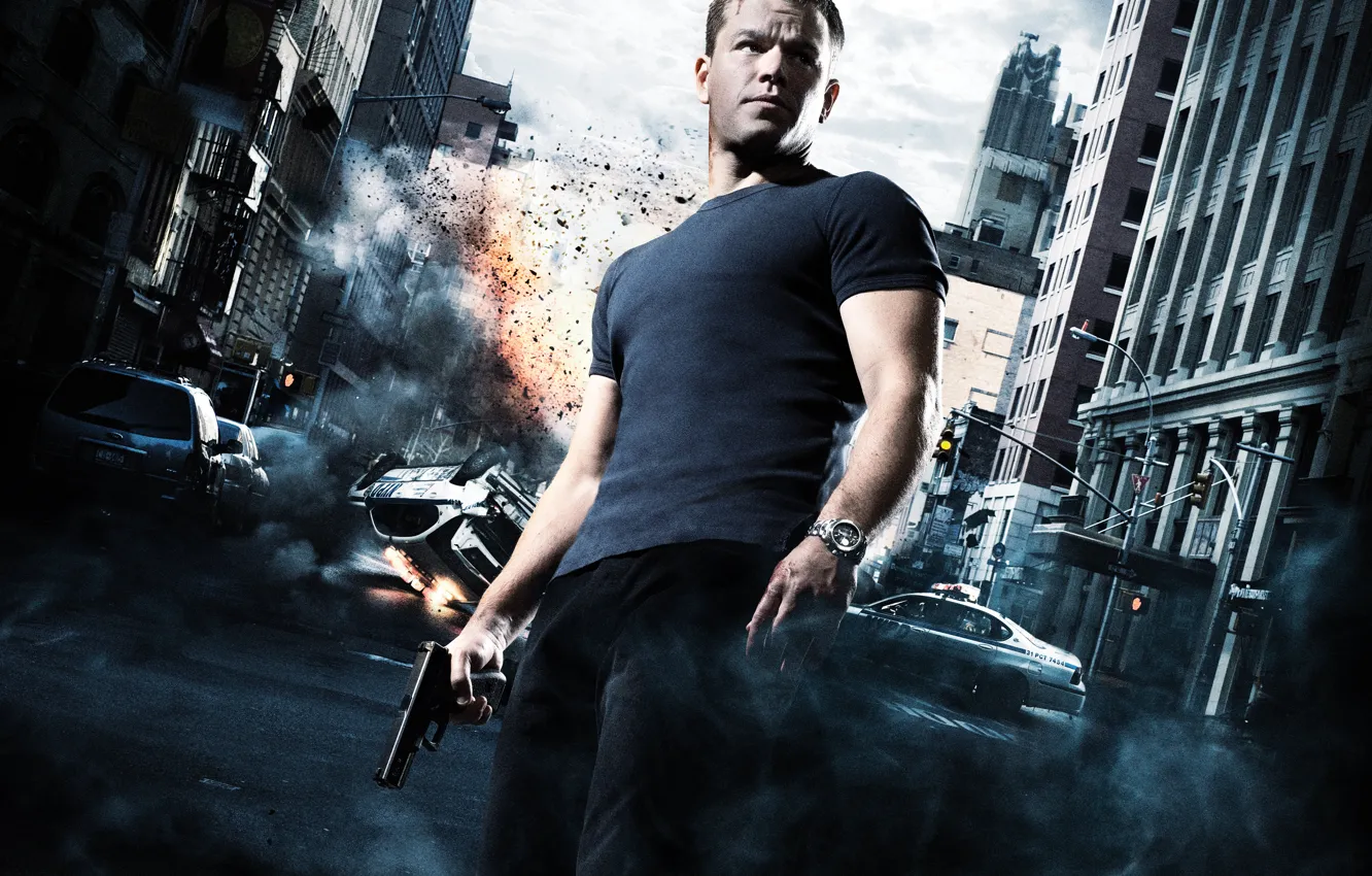 Photo wallpaper crash, machine, gun, street, agent, poster, Matt Damon, Matt Damon