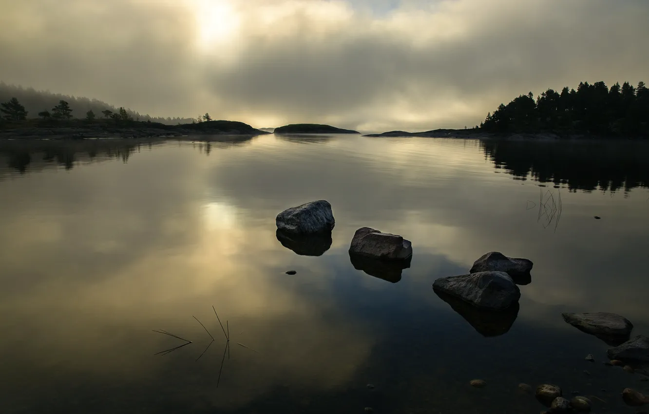 Photo wallpaper lake, stones, calm, water surface