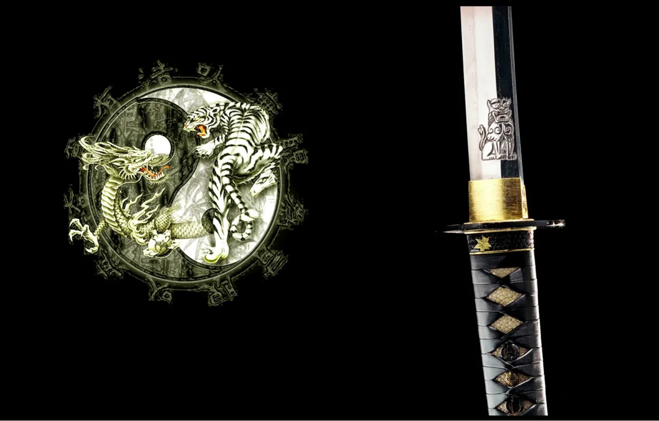 Photo wallpaper tiger, dragon, katana, Japan, emblem, black background, arm, Ying-Yang