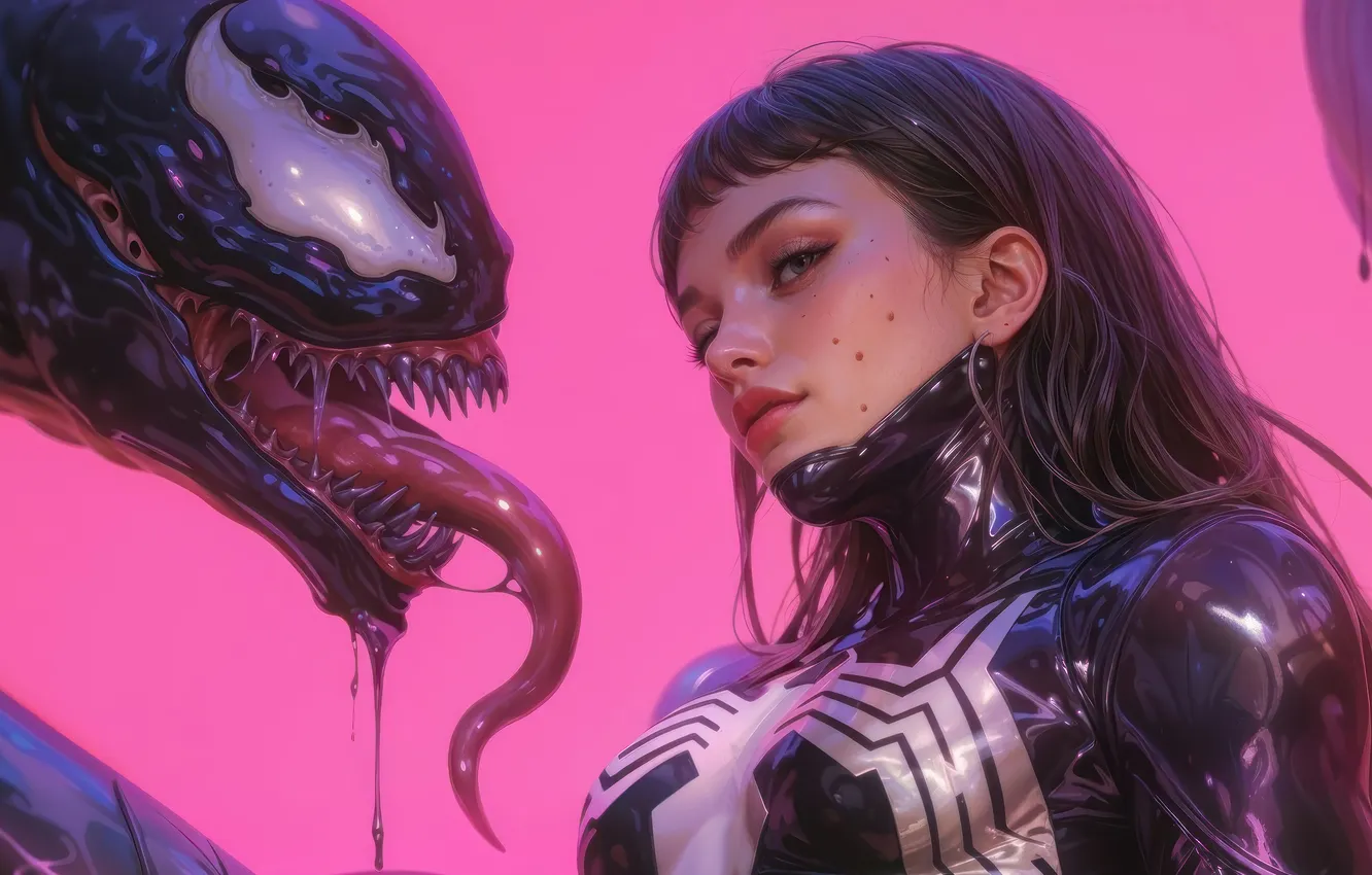 Photo wallpaper girl, anime, Venom, Symbiote, anime girl, pink background, AI Generated