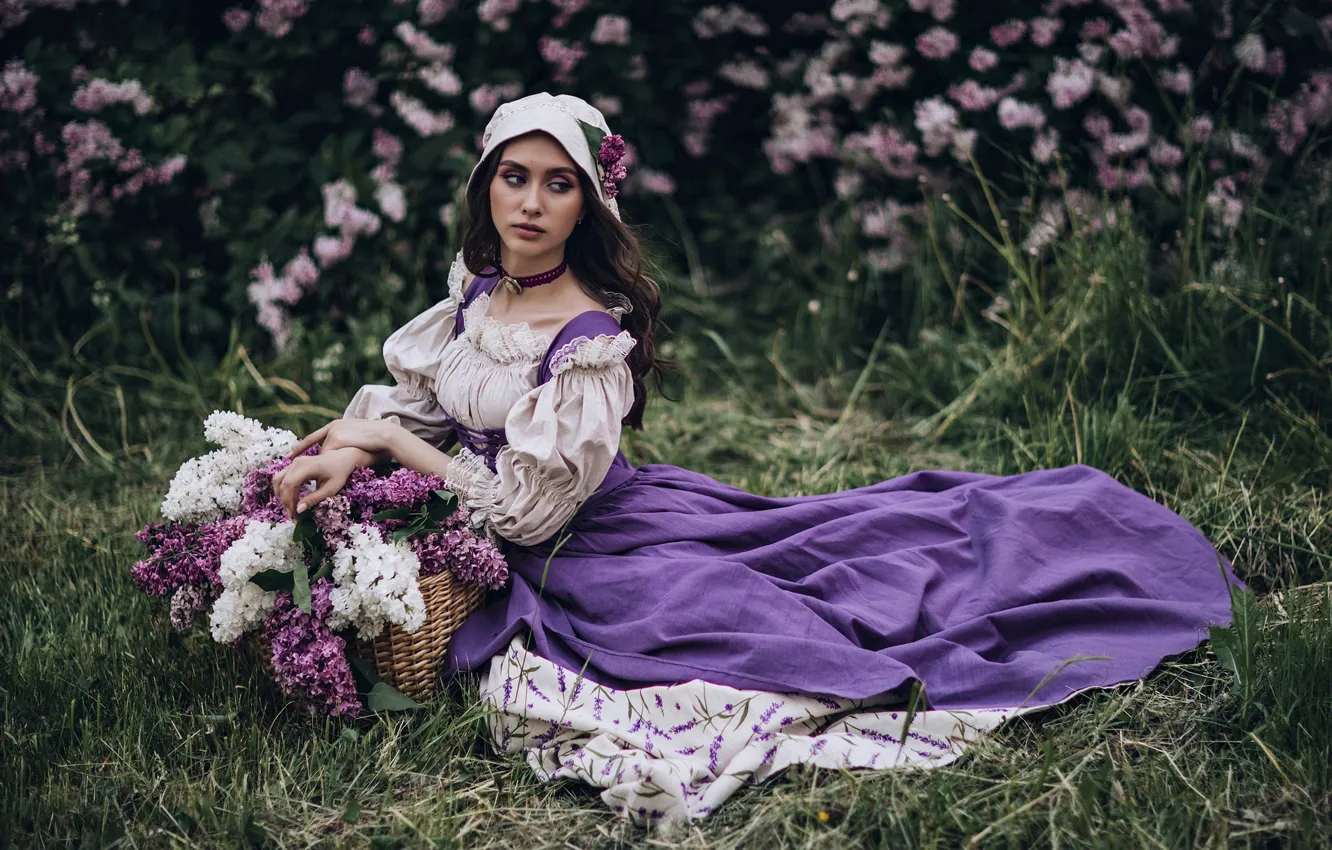 Photo wallpaper girl, pose, style, basket, dress, cap, lilac, Anna Konofalova