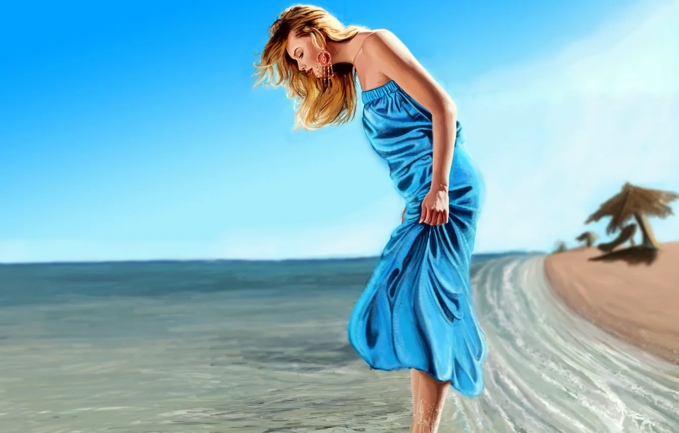 Photo wallpaper sand, sea, wave, beach, girl, mood, dress, art