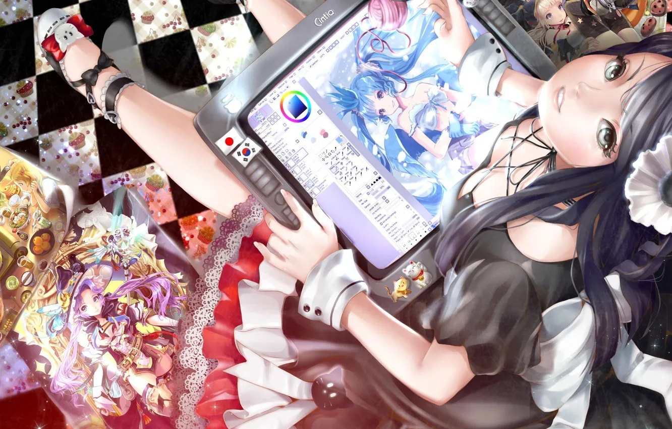 Photo wallpaper girl, art, tablet, draws, the view from the top, hikarra