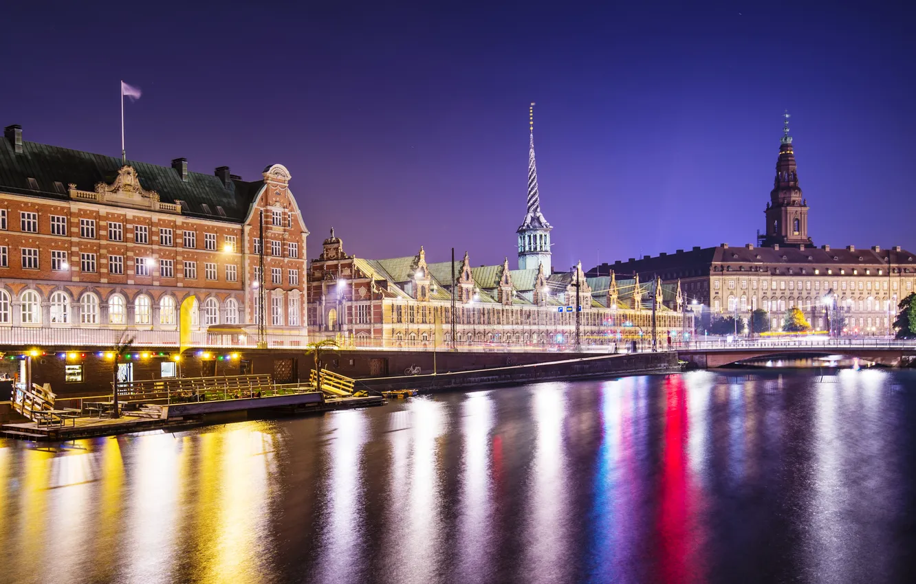 Photo wallpaper light, bridge, the city, lights, building, home, the evening, Denmark