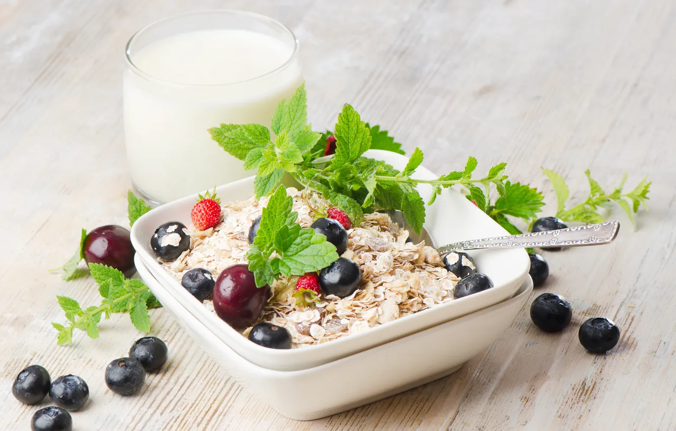 Photo wallpaper Breakfast, blueberries, strawberries, mint, cherry, cereal
