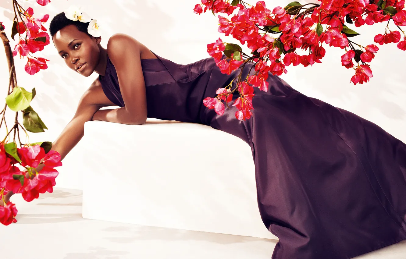 Photo wallpaper girl, flowers, branches, black, Afro, Atris, Lupita Nyong'o
