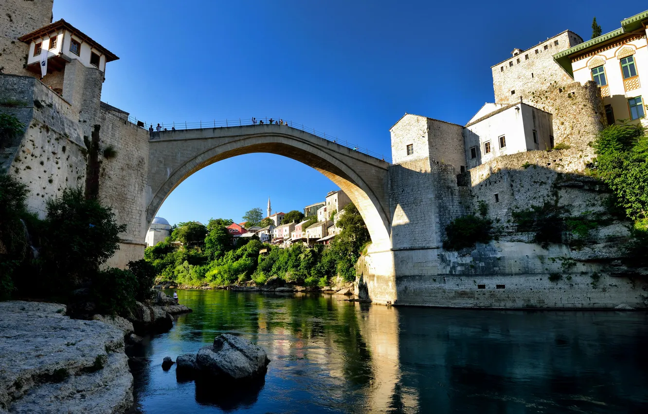 Photo wallpaper the sky, landscape, mountains, bridge, river, home, Bosnia and Herzegovina, Mostar