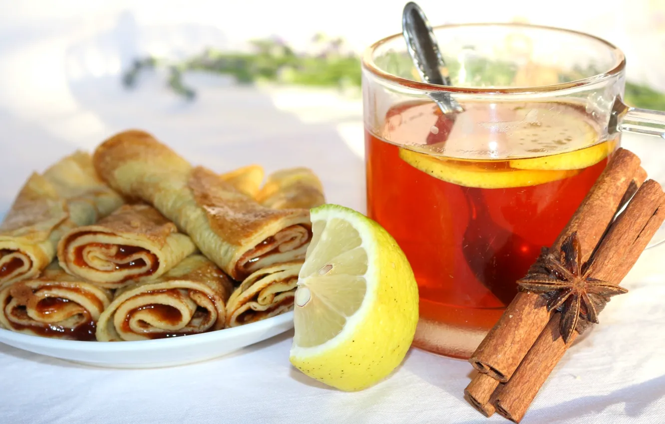Photo wallpaper lemon, tea, cinnamon, jam, pancakes, star anise