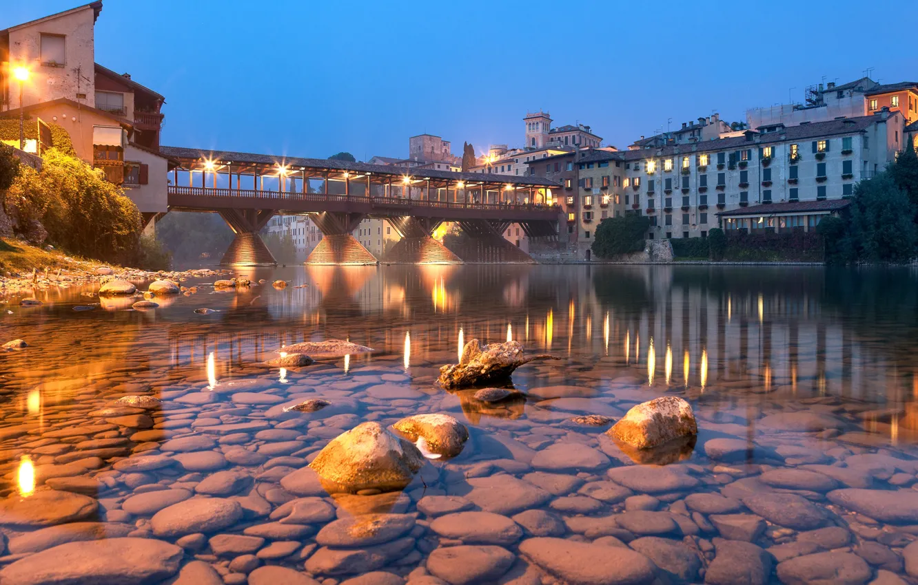Photo wallpaper city, river, bridge, stones