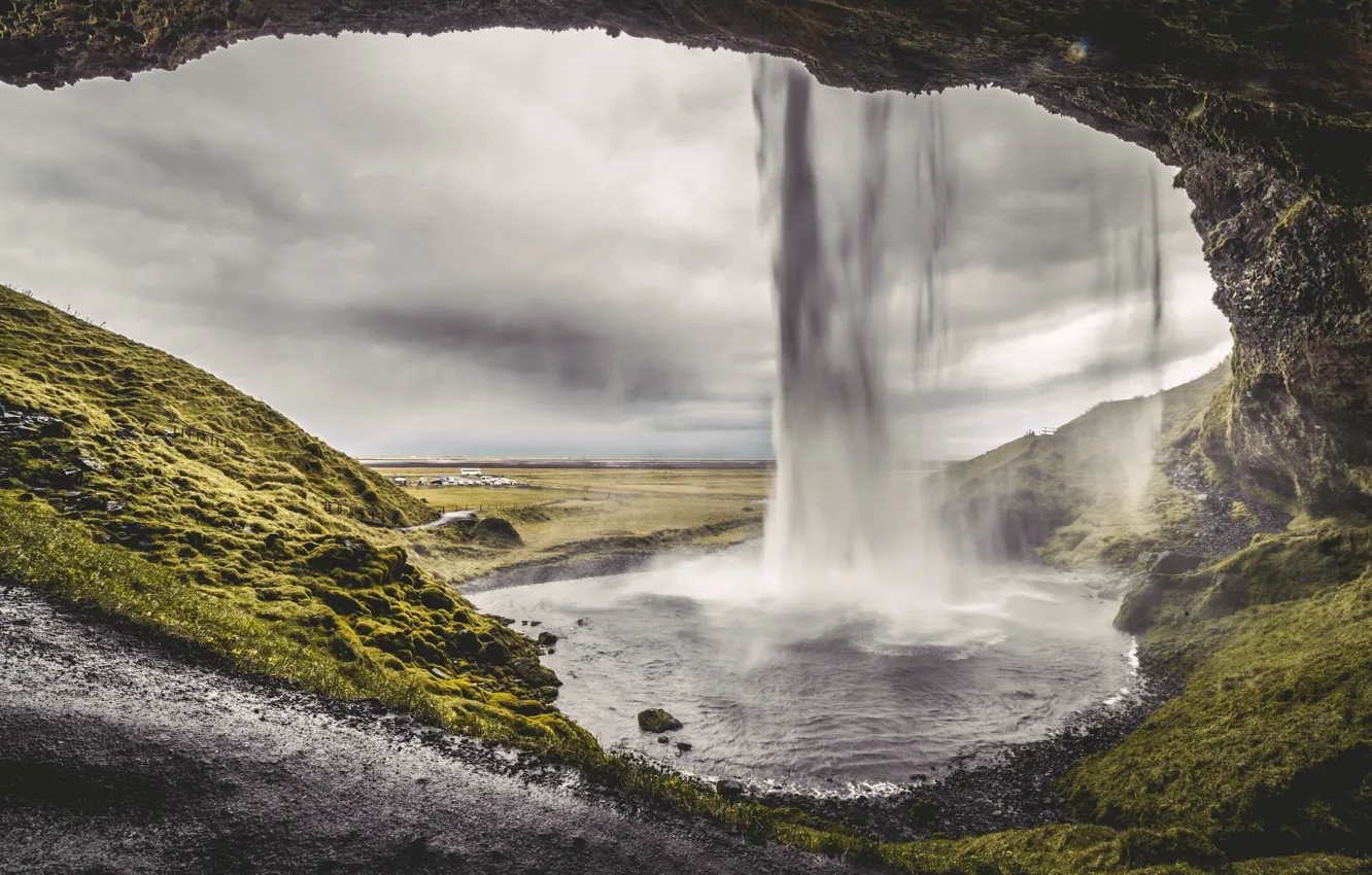 Photo wallpaper nature, waterfall, Iceland, nature, waterfall, cloudy, Iceland, cloudy