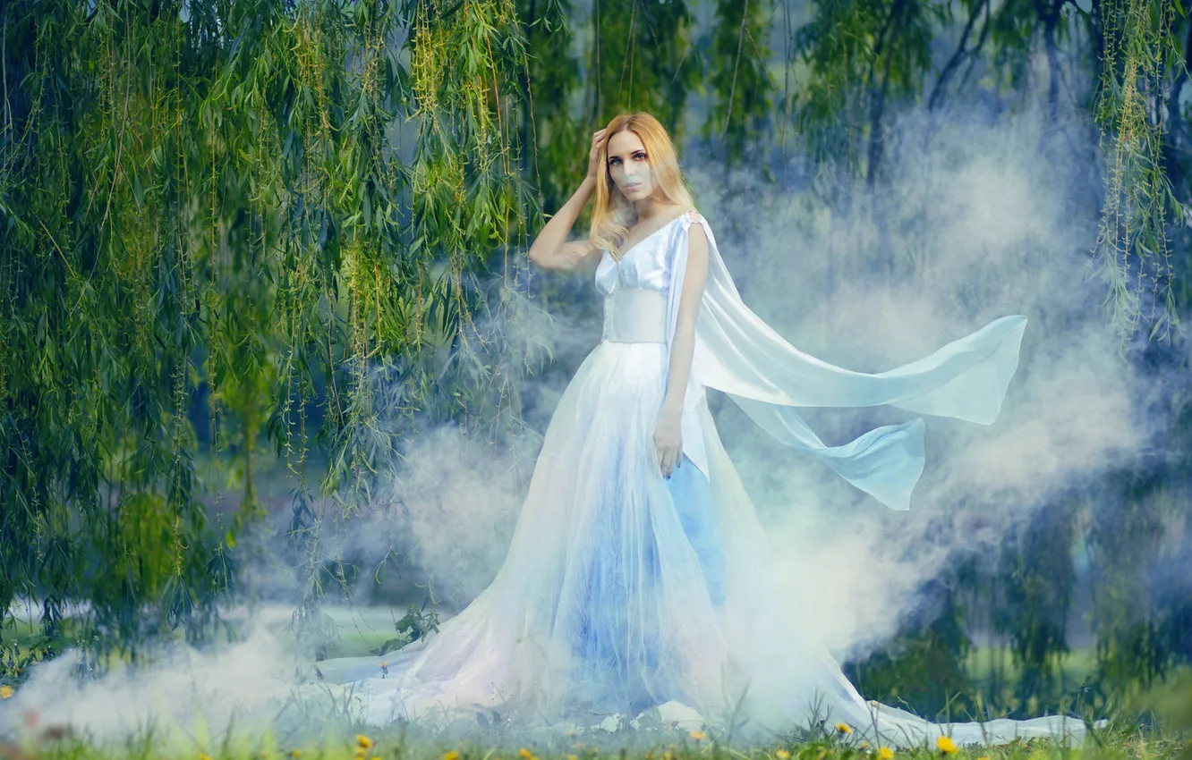 Photo wallpaper girl, nature, fog, style, smoke, pair, white dress