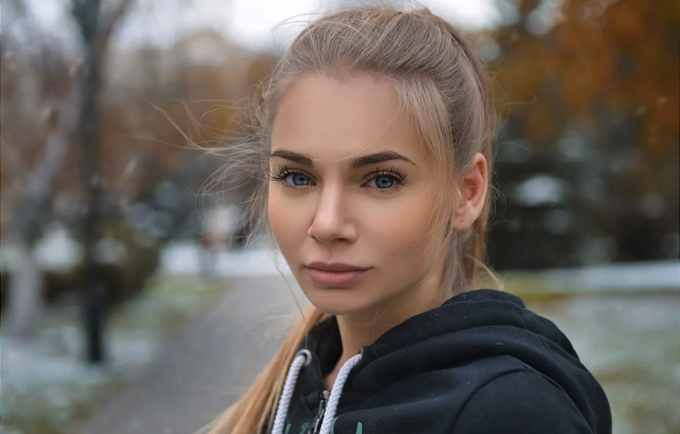 Photo wallpaper look, girl, background, portrait, makeup, hairstyle, blonde, bokeh