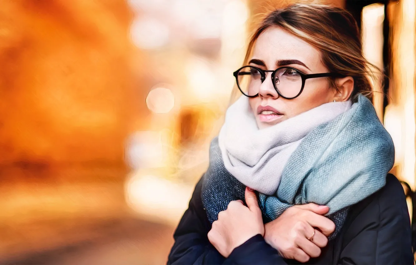 Photo wallpaper girl, light, portrait, scarf, jacket, bokeh, glasses, photos picture