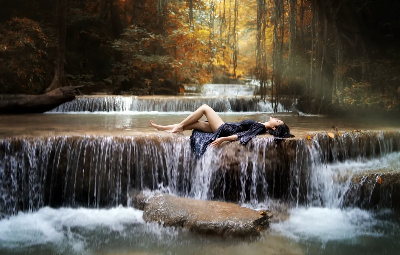 Photo wallpaper girl, river, waterfall