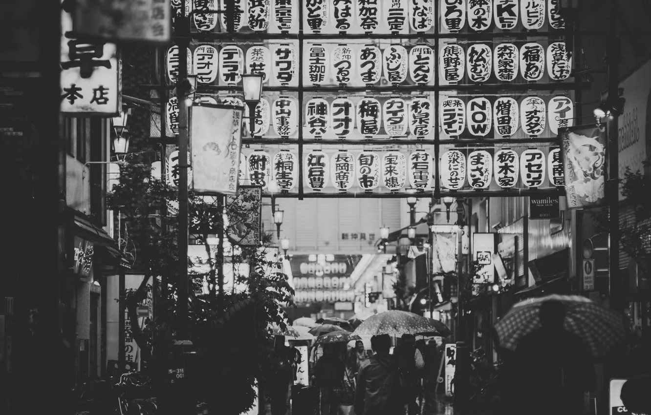 Photo wallpaper the city, umbrella, rain, street, people, restaurant, shop, city