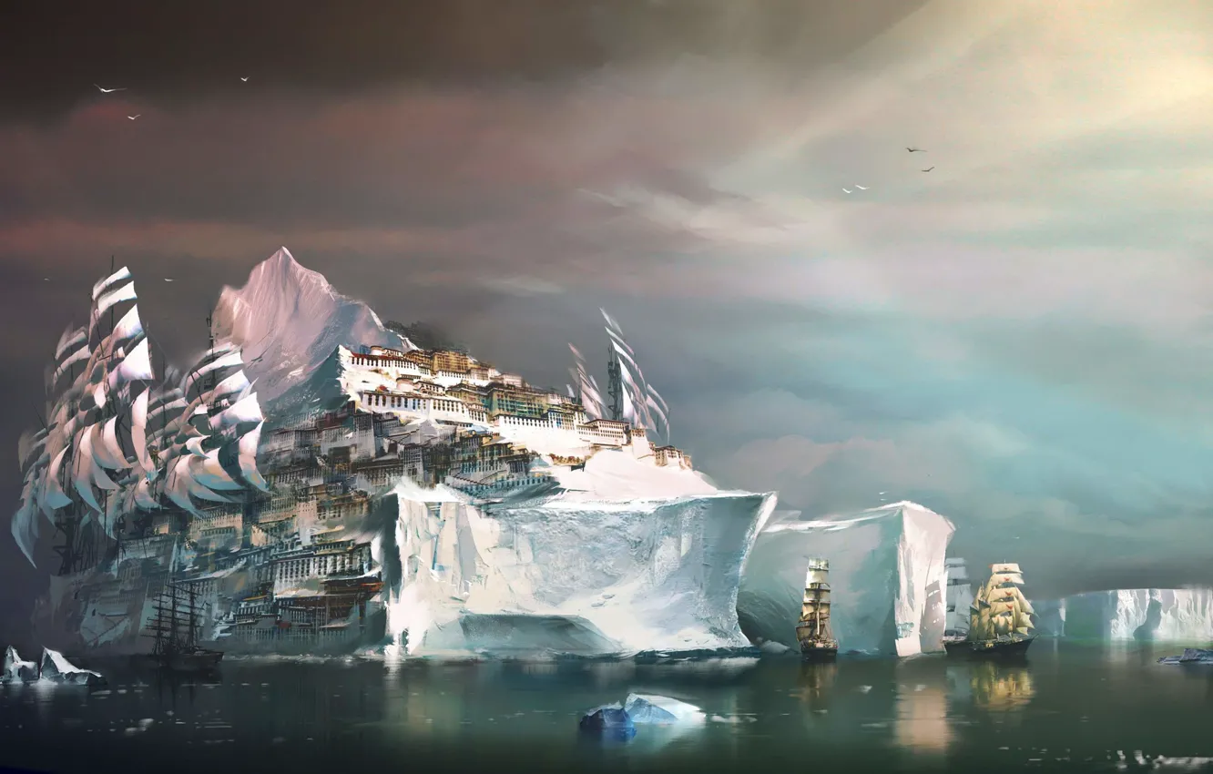 Photo wallpaper Sea, The city, Iceberg, Ships, Ice, Sails, Fiction, Daniel Dociu