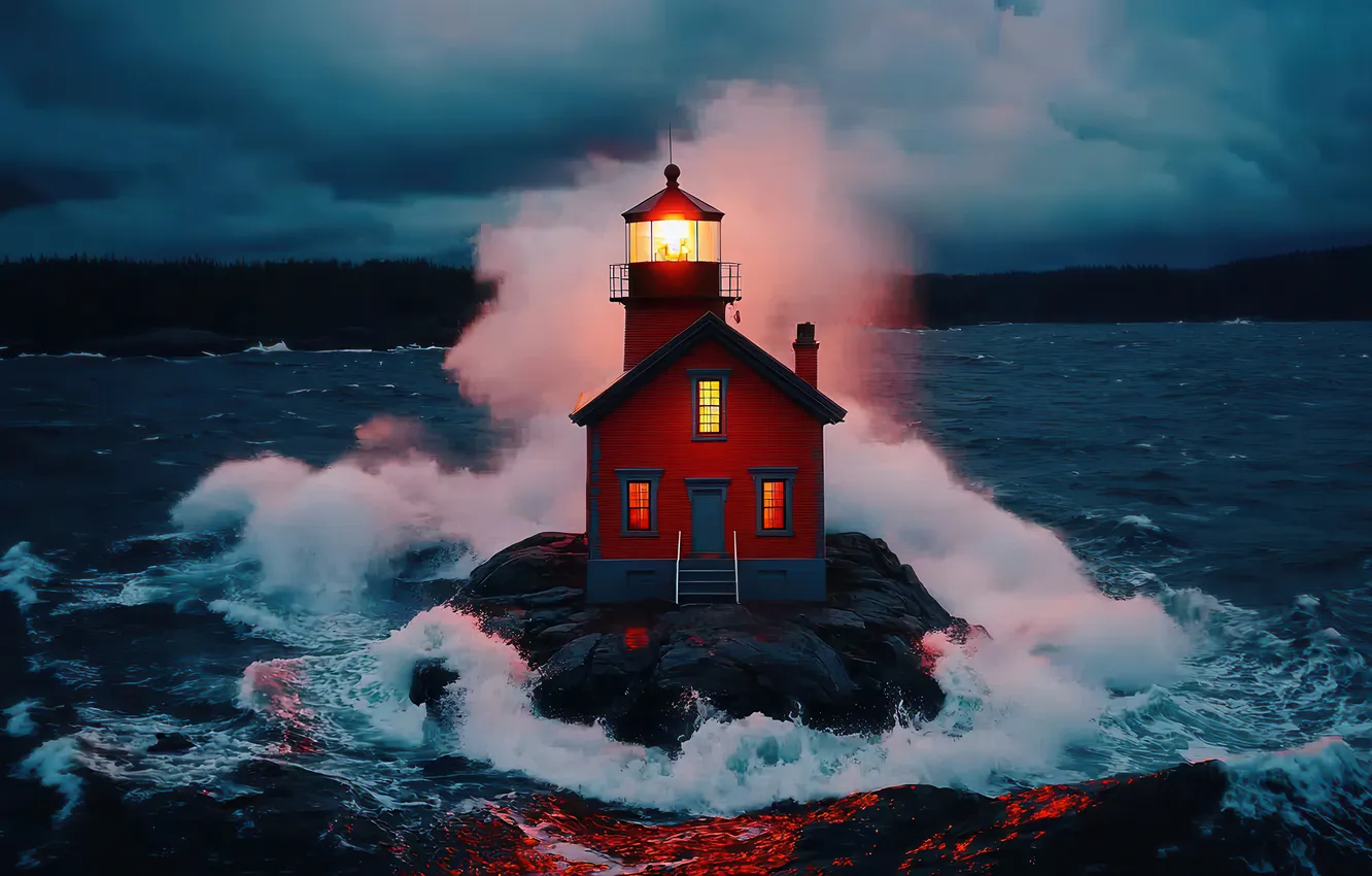 Photo wallpaper sea, wave, the sky, clouds, light, night, clouds, storm