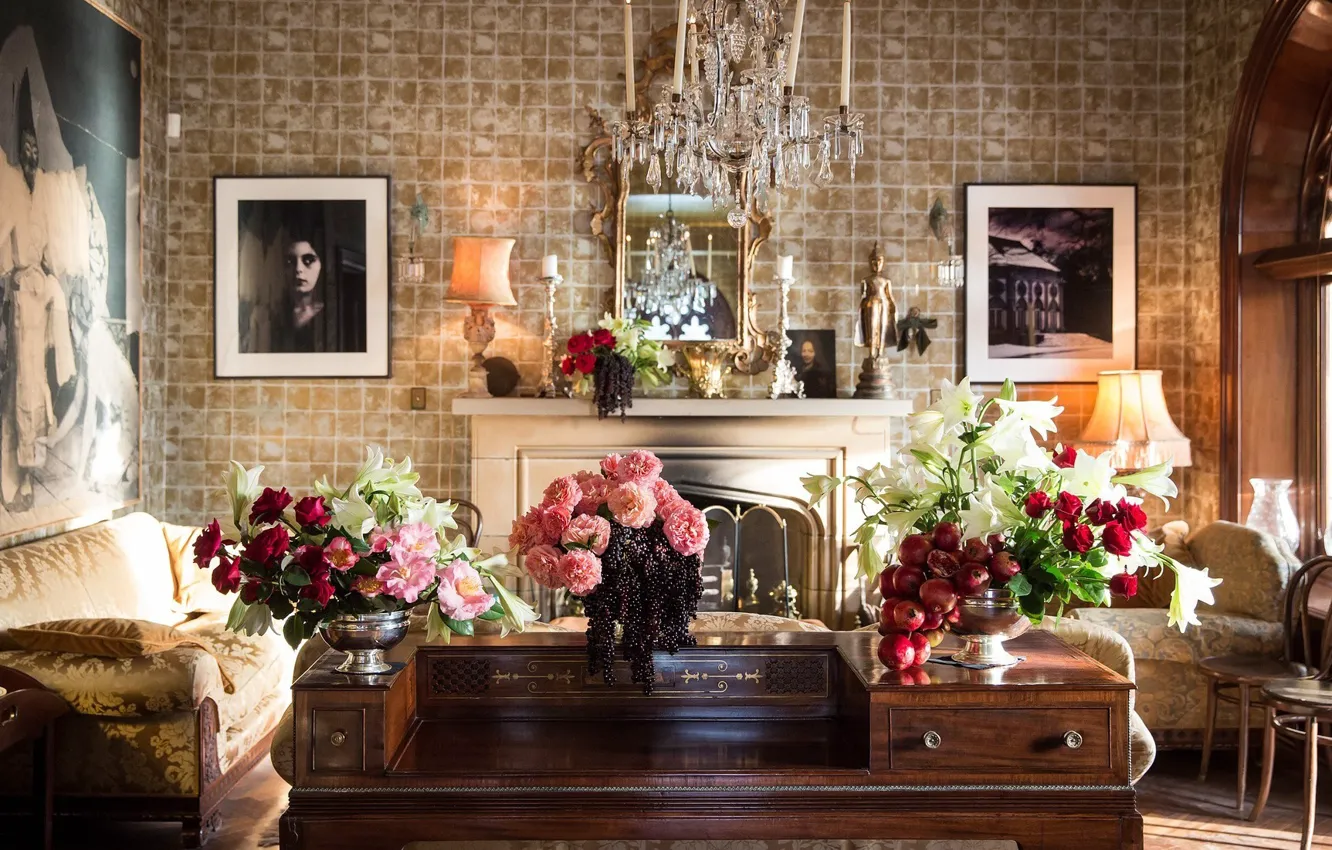 Photo wallpaper flowers, design, style, interior, picture, fireplace, the scenery, living room