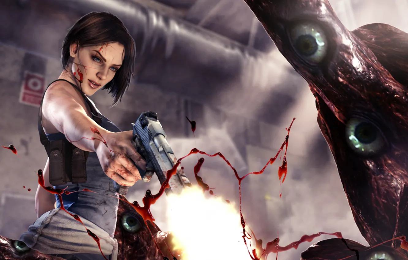 Photo wallpaper girl, gun, blood, monster, Resident Evil, Capcom, Jill Valentine