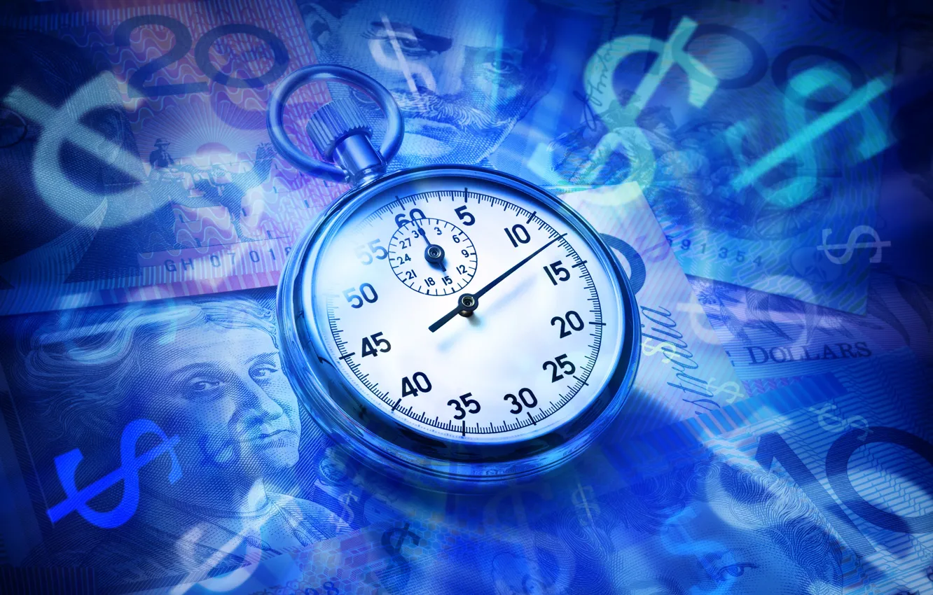 Photo wallpaper close-up, blue, background, watch, money, dollars, dial, bills