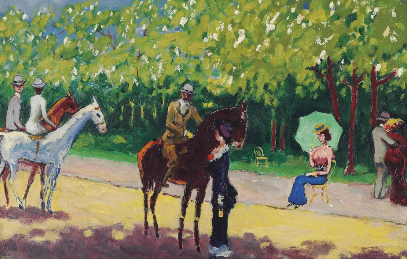 Photo wallpaper horse, picture, rider, alley, lady, genre, Kees van Dongen. Alley Acacias