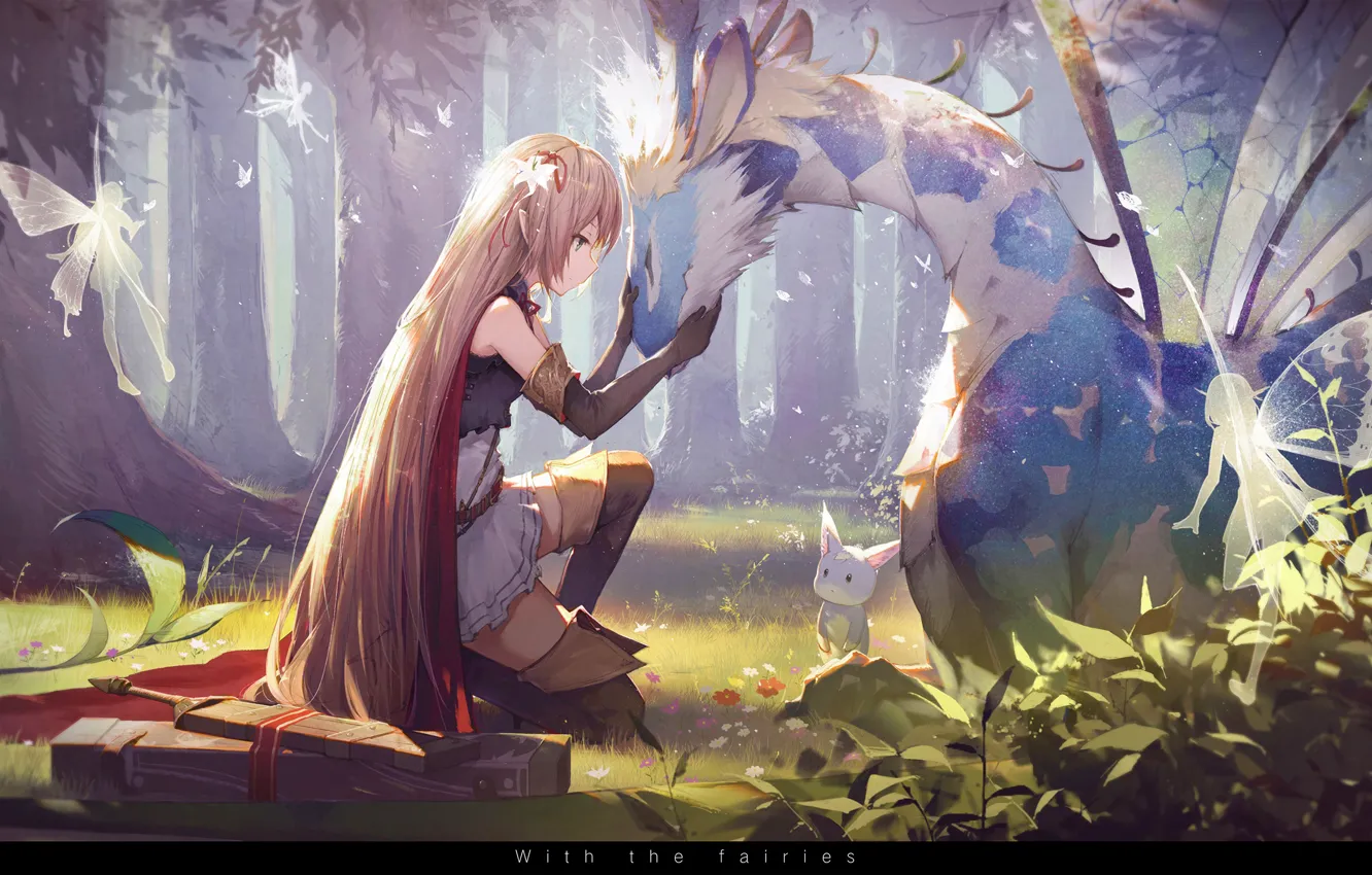 Photo wallpaper forest, animals, girl, trees, nature, weapons, magic, wings