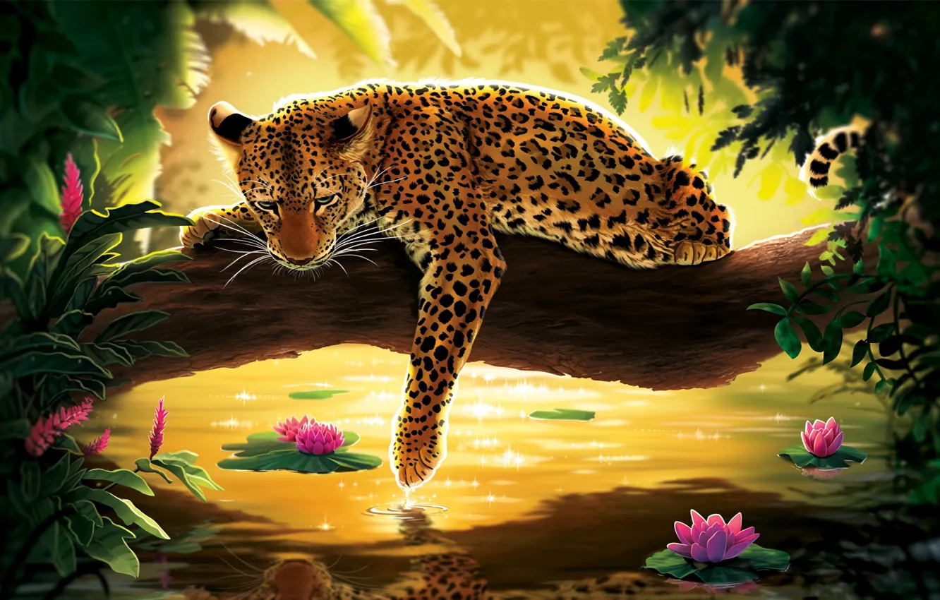 Photo wallpaper water, flowers, tree, leopard