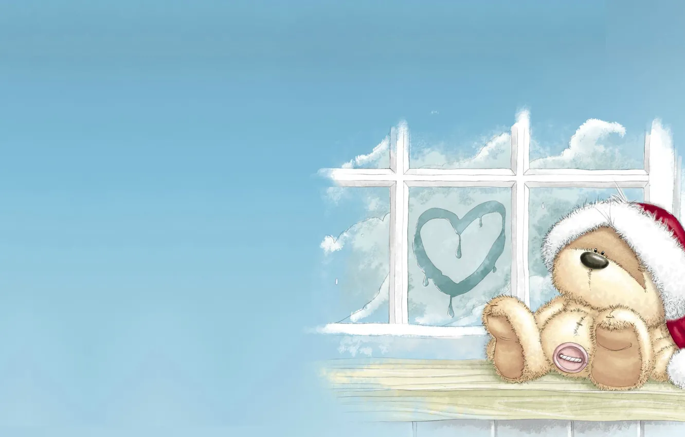 Photo wallpaper winter, mood, hat, heart, new year, window, bear, hearts
