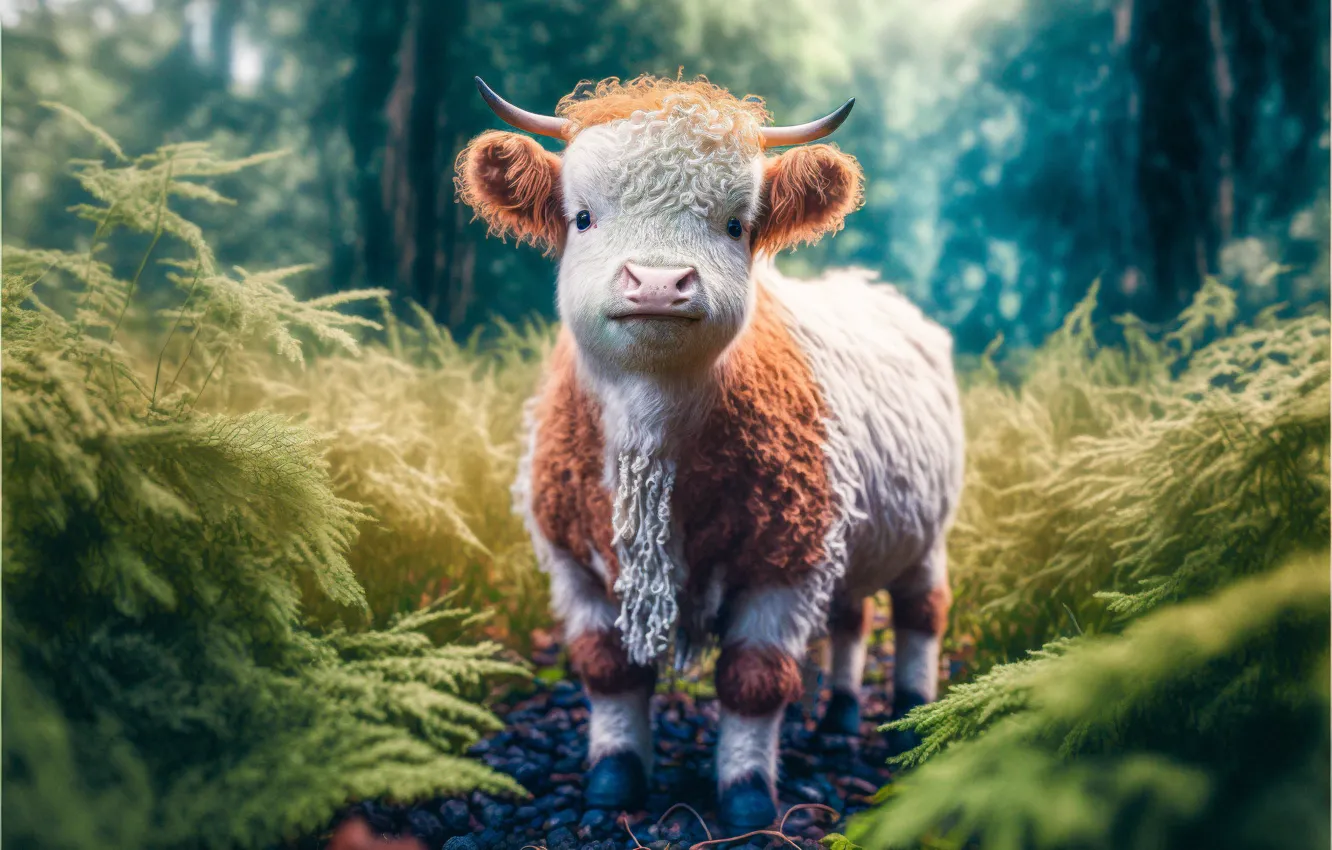 Photo wallpaper nature, rendering, graphics, cows, baby, cub, Milota, digital art