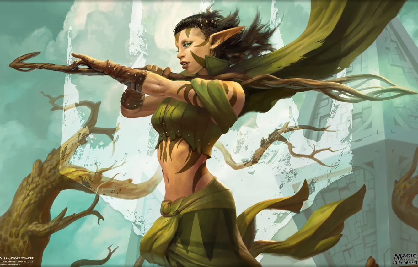 Photo wallpaper girl, fantasy, magic, green eyes, tattoo, elf, digital art, Druid