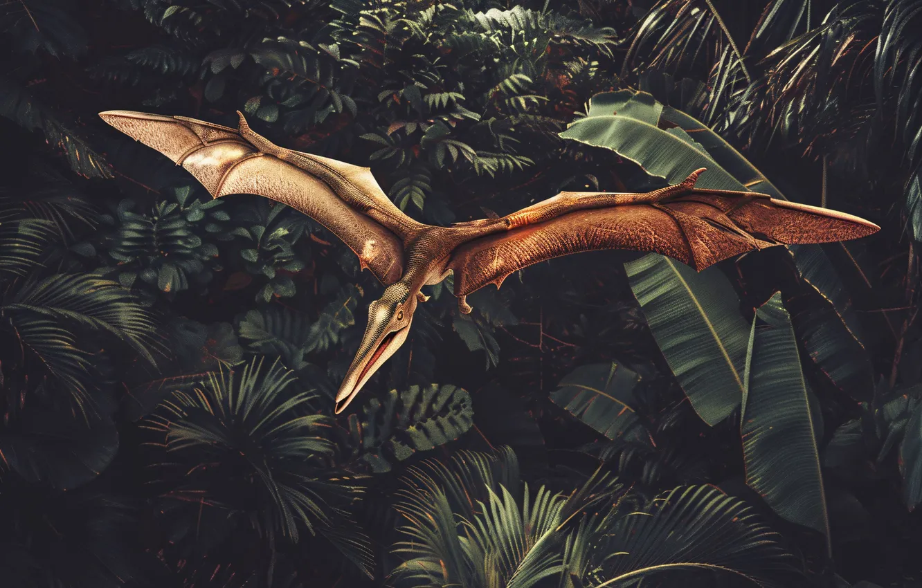Photo wallpaper flight, animal, wings, dinosaur, jungle, pterodactyl, digital art, Ancient animals