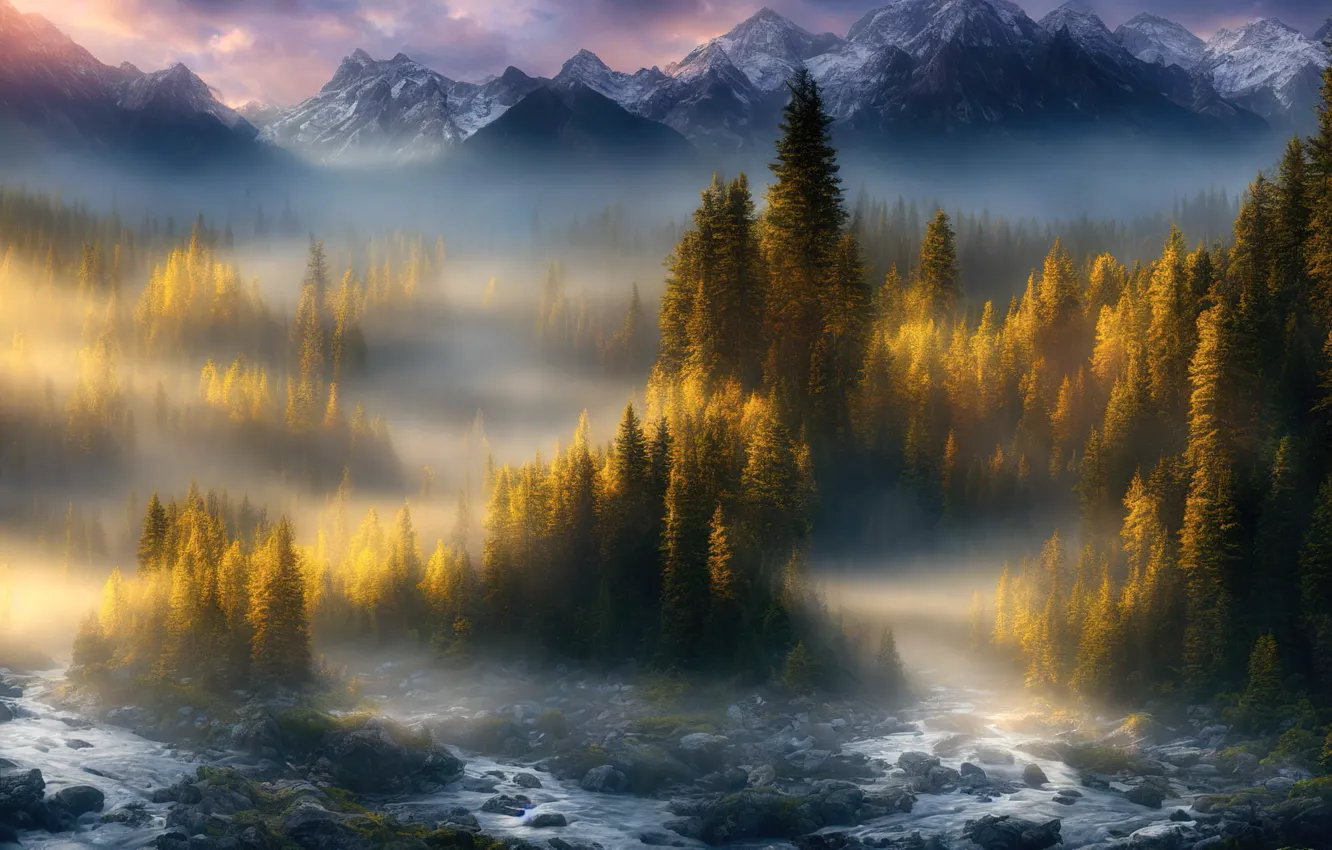 Photo wallpaper autumn, forest, light, mountains, nature, fog, river, stones
