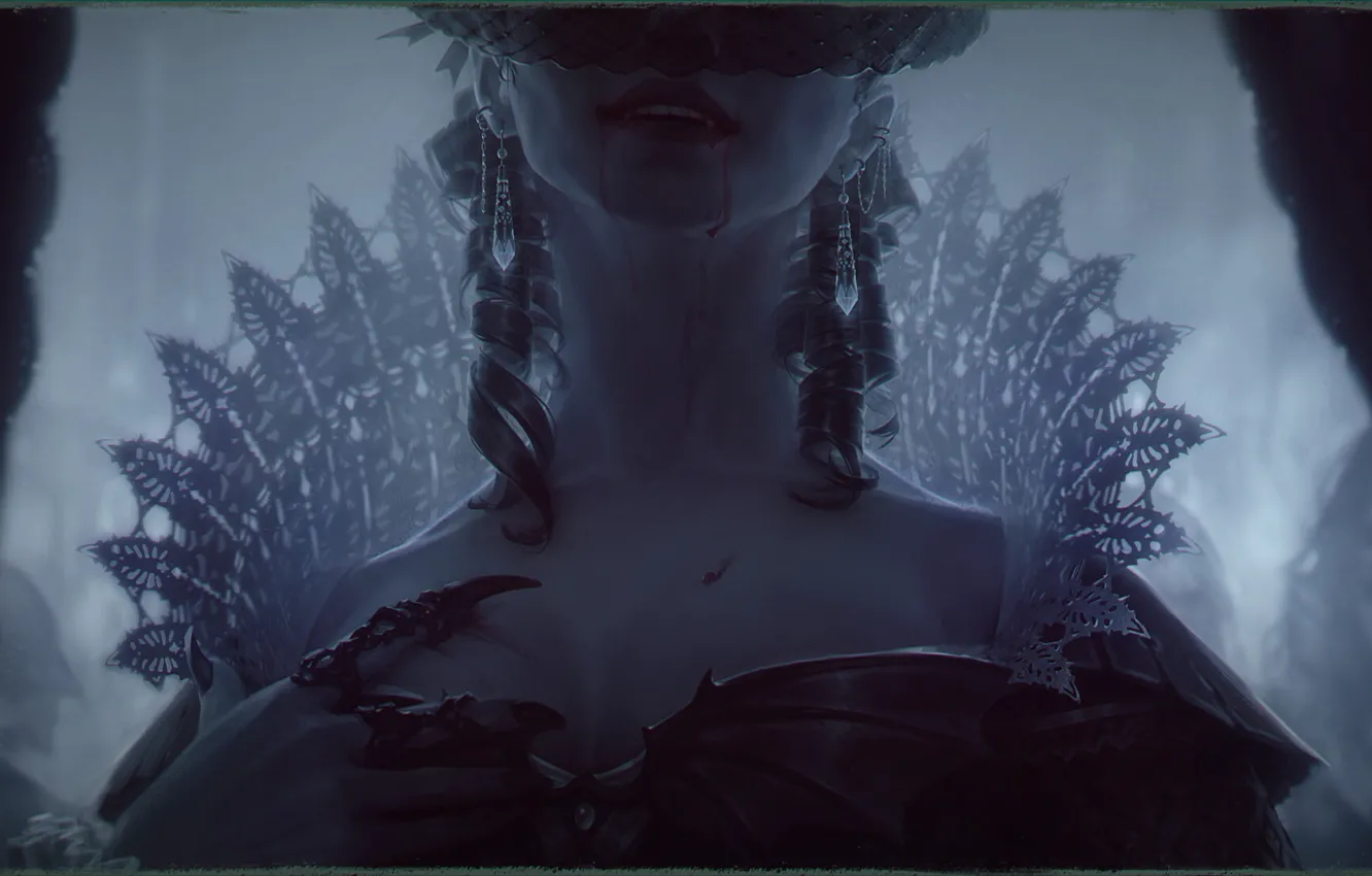 Photo wallpaper claws, fangs, bat, predator, vampire, blood on the lips, high collar, blood on his hands