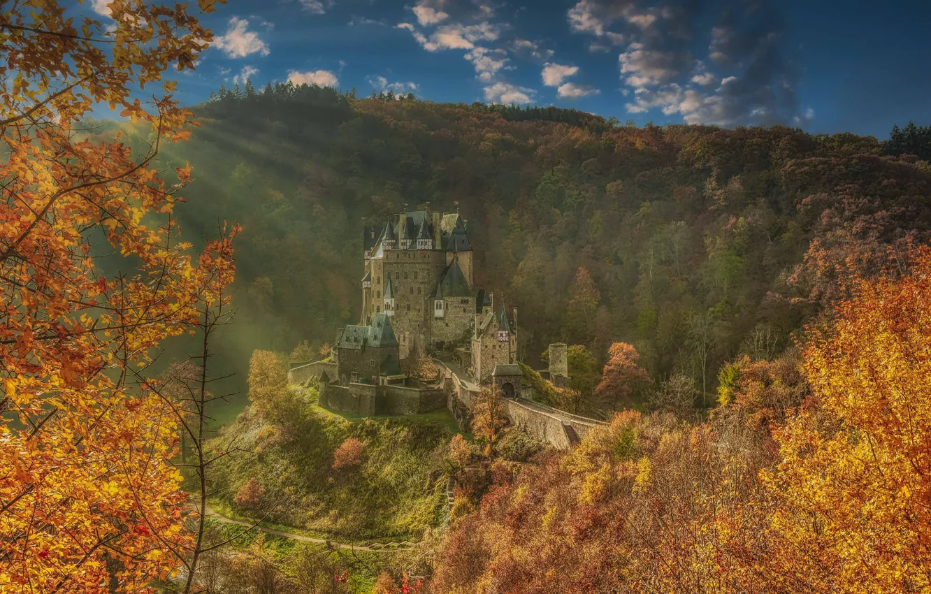 Photo wallpaper autumn, forest, the sky, clouds, rays, light, trees, mountains